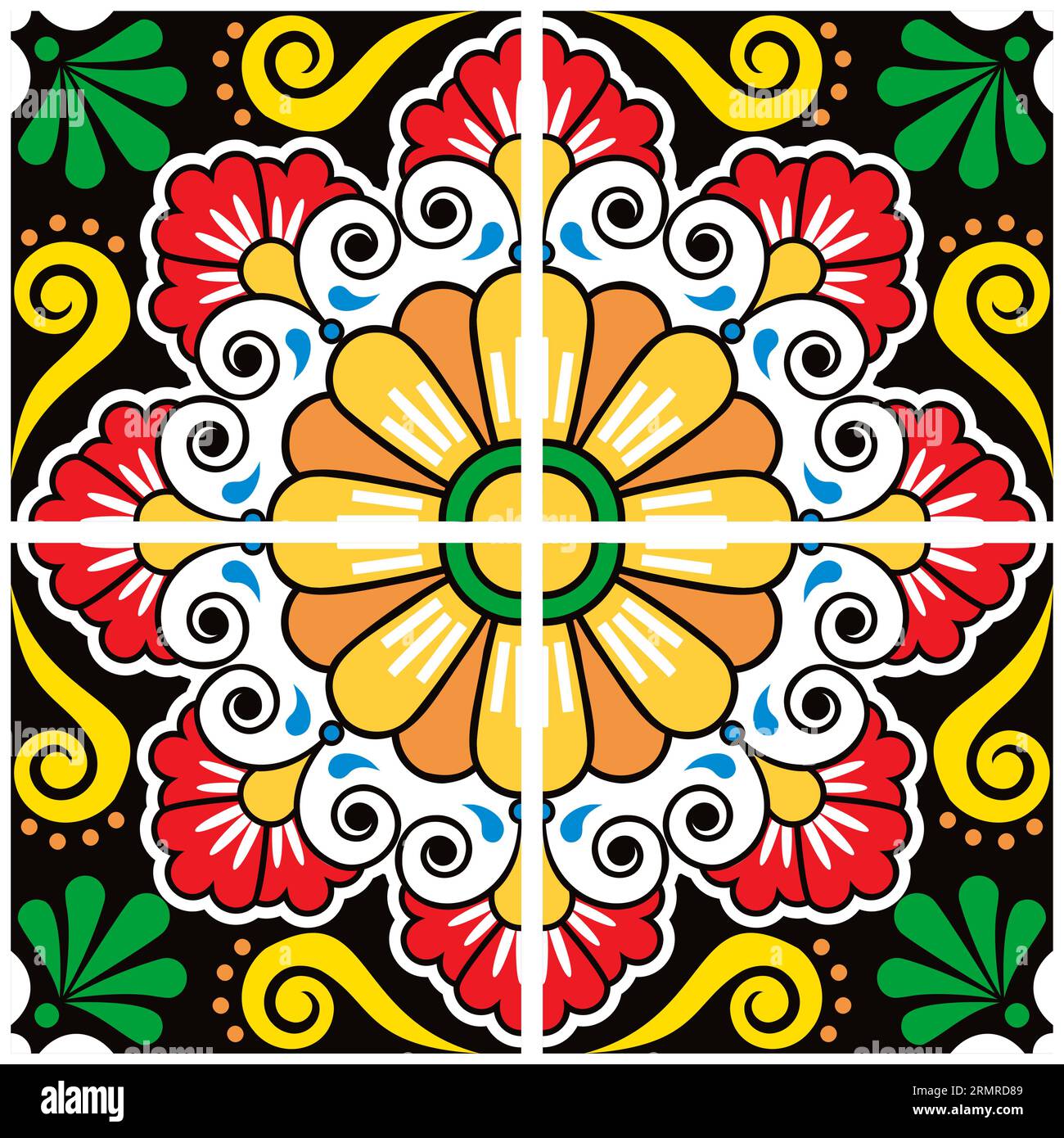 Mexikanisches talavera Vektorfliesen-Design-Set - bunte nahtlose Muster mit Blumen und Wirbeln auf schwarzem Hintergrund Stock Vektor