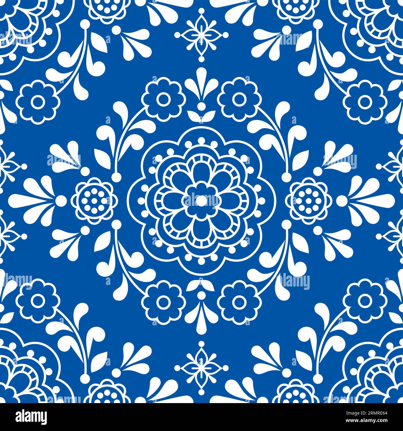 Skandinavisches florales Volkskunst-Vektor nahtloses Muster, niedliches Ornamentdesign, perfekt für Textil- oder Stoffdruck in weiß auf marineblauem Hintergrund Stock Vektor