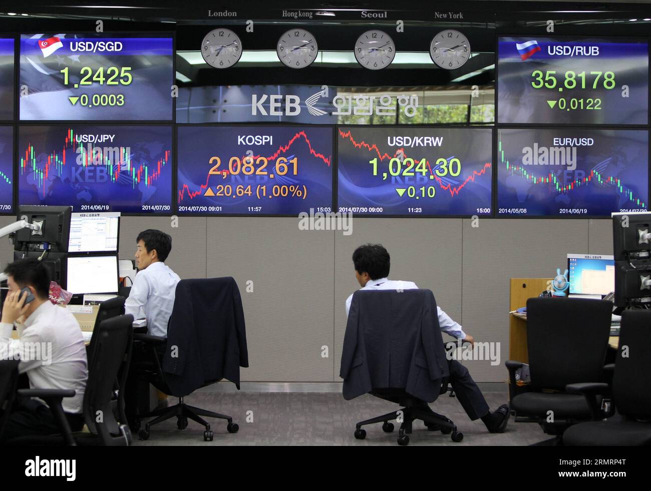 (140730) -- SEOUL, 30. Juli 2014 -- Händler arbeiten vor einem Bildschirm, der den Korea Composite Stock Price Index (KOSPI) am Hauptsitz der Korea Exchange Bank in Seoul, der Hauptstadt Südkoreas, am 30. Juli 2014 zeigt. Der Benchmark Korea Composite Stock Price Index (KOSPI) sprang um 20,64 Punkte oder 1 Prozent auf 2.082,61 Punkte, der höchste seit dem 2. August 2011, als er 2.121 erreichte. Das Handelsvolumen belief sich auf 338,28 Millionen Aktien im Wert von 6,43 Billionen Won (6,28 Milliarden US-Dollar). SÜDKOREA-SEOUL-STOCK ParkxJin-hee PUBLICATIONxNOTxINxCHN Seoul Juli 30 2014 Händler arbeiten vor einer Bildschirmanzeige Stockfoto