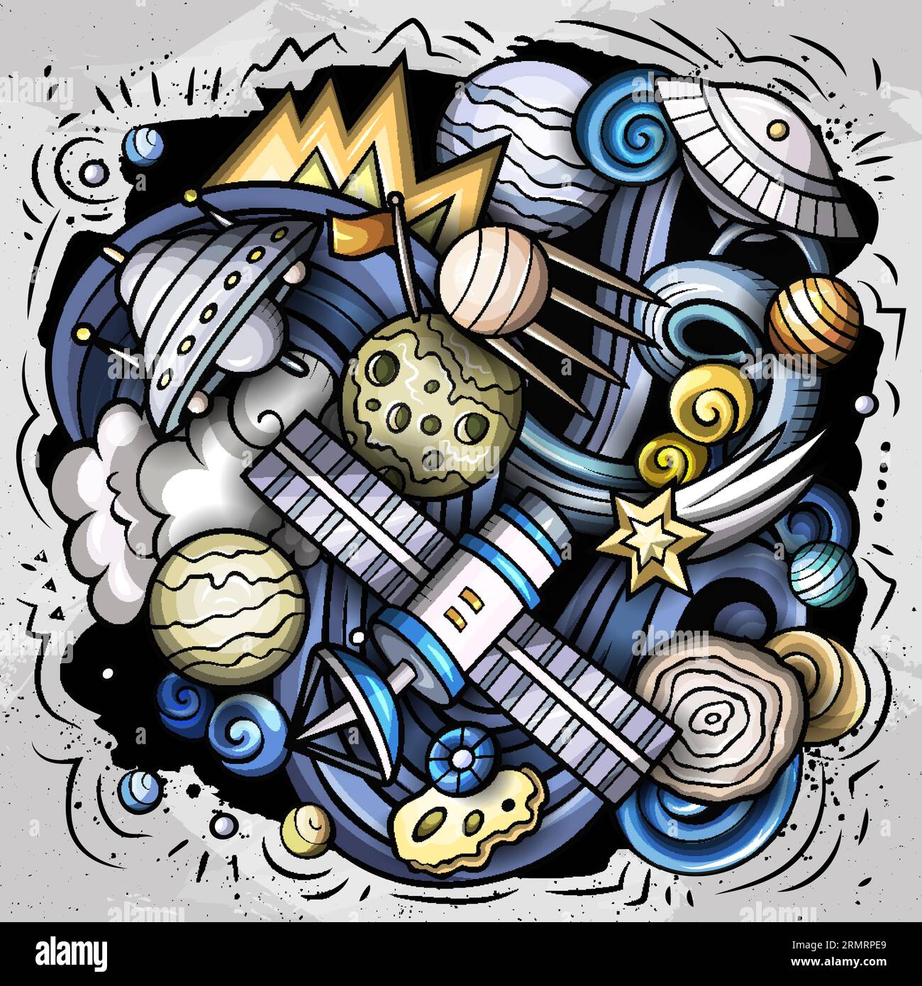 Von Hand gezeichnete Zeichentrickvektorkritzel zum Thema Outer Space Illustration zeigen eine Vielzahl kosmischer Objekte und Symbole. Auf dem Bild ist ein Wimpel Stock Vektor