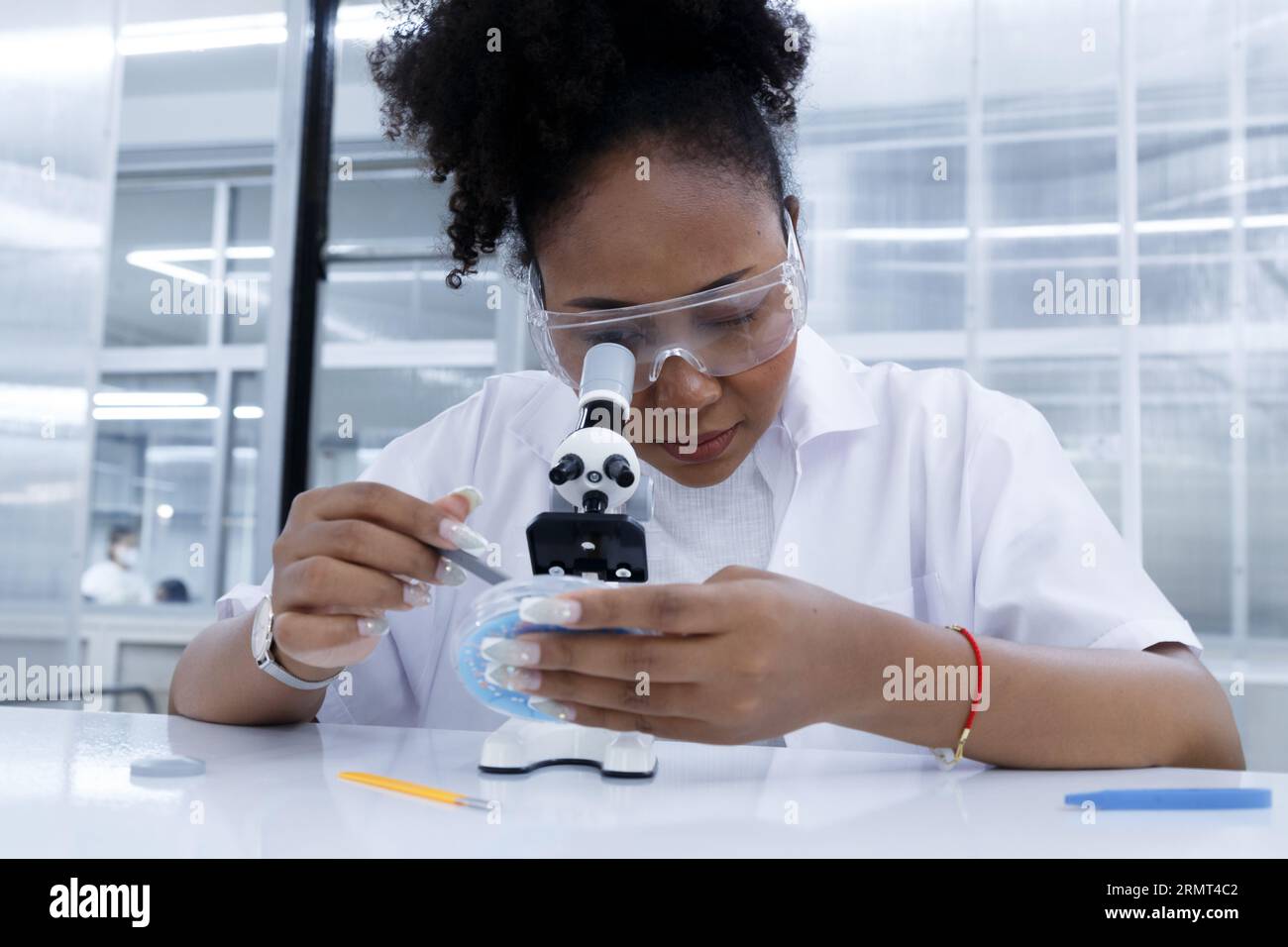 Afrikanische Ärztin Studentin Wissenschaftlerin mit Blick auf das Mikroskop analysiert Virentestprobe. Junger Biotechnologie-Spezialist im Labor. Medizinische Wissenschaft Stockfoto
