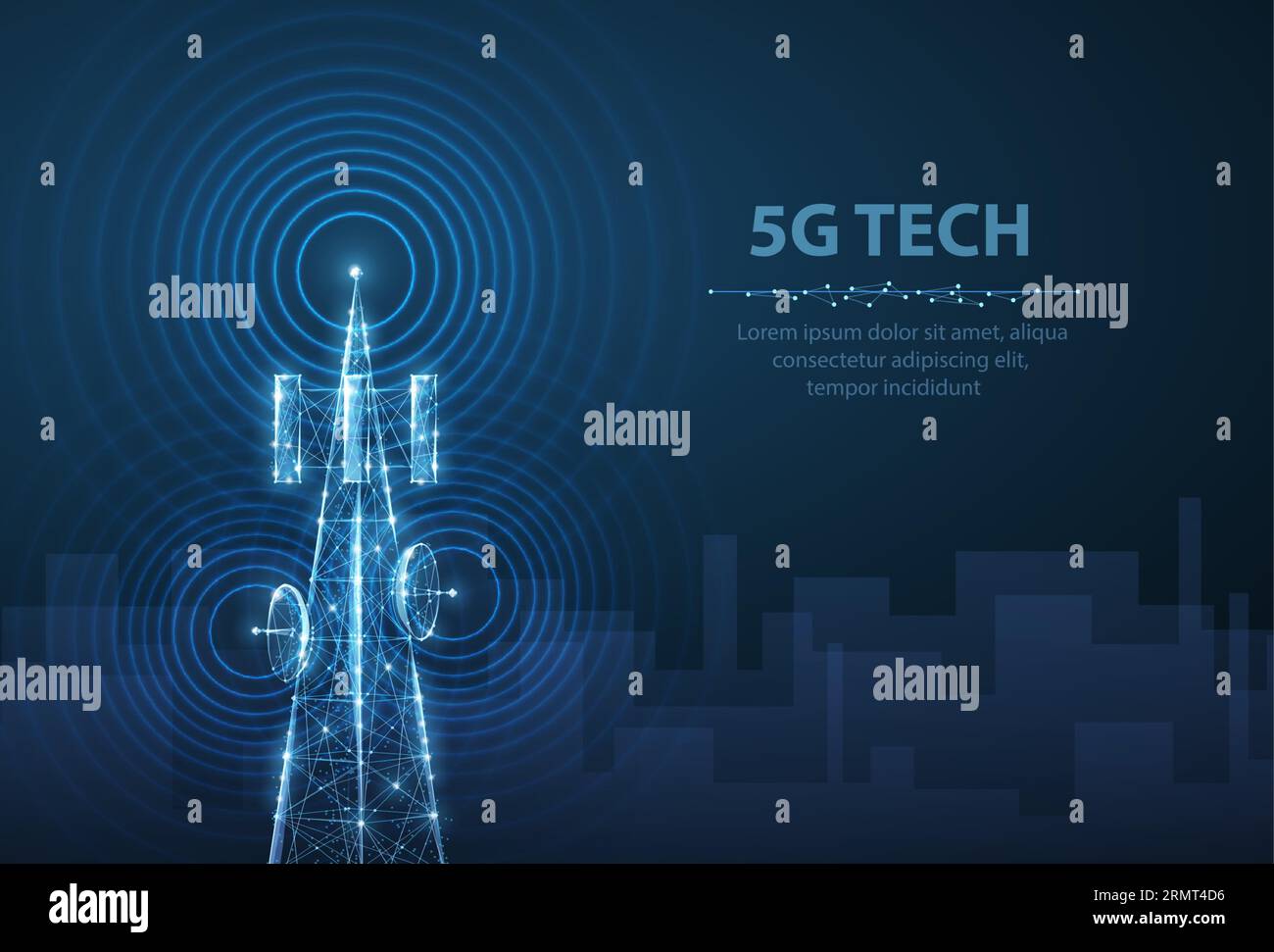 Abstrakter Antennenmast auf blauem Stadtbild-Hintergrund. 5G-Technologie, Telekommunikationsindustrie, Telekommunikationsnetz, Rundfunk, Mobiltelefone, 5G c Stock Vektor