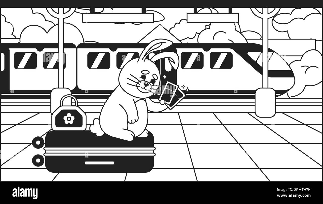 Reisender Kaninchen auf Plattform schwarz-weiß niedlich chill lo fi Tapete Stock Vektor