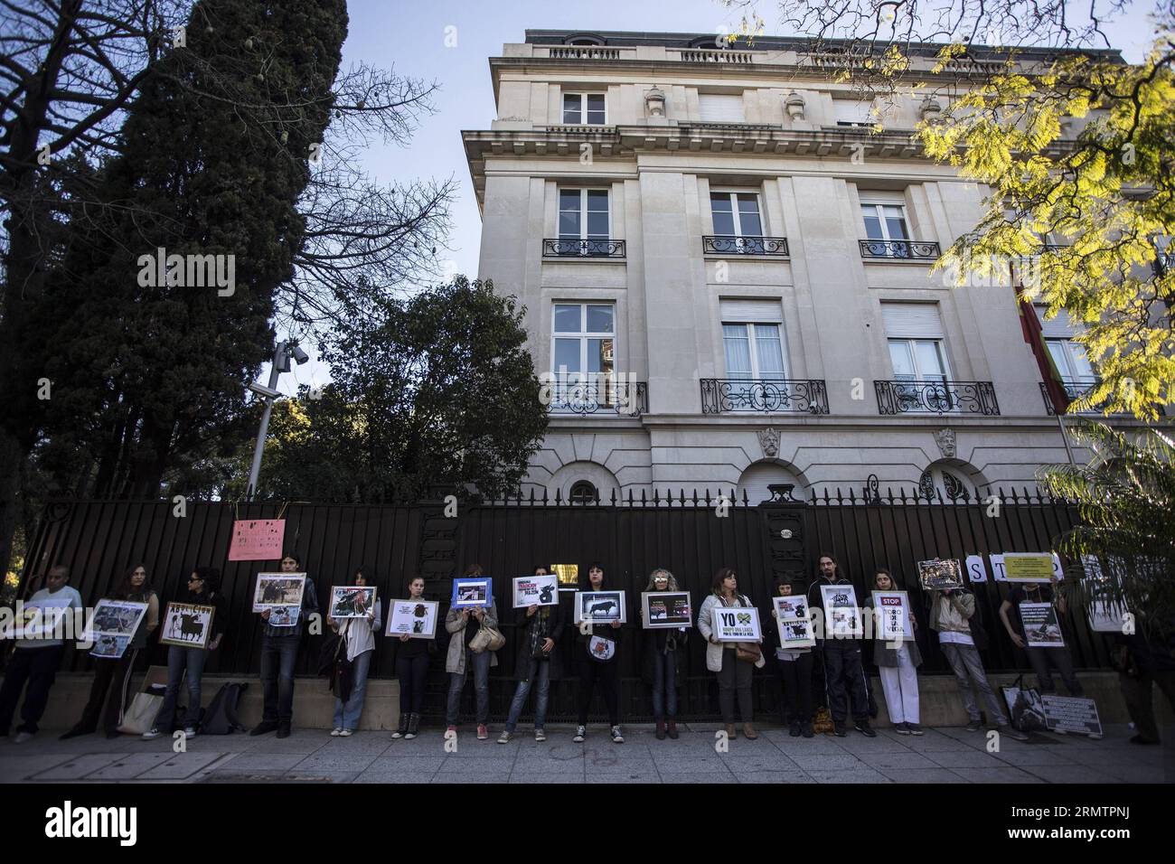 Aktivisten nehmen am 15. September 2014 an einem Protest gegen die Tötung von Stieren vor der spanischen Botschaft in Buenos Aires, Argentinien, Teil. Mitglieder von Tierschutzorganisationen versammelten sich vor der spanischen Botschaft, um gegen die Tötung von Stieren im Rahmen des Toro de la Vega Turniers von Torsedillas, Spanien, zu protestieren, das am zweiten Dienstag im September stattfindet und einen Stier zu Tode spießt. ) (vf) (sp) ARGENTINIEN-BUENOS AIRES-SPAIN-SOCIETY-PROTEST MartinxZabala PUBLICATIONxNOTxINxCHN-Aktivisten nehmen an einem Protest gegen die Tötung von Stieren vor dem Spa Teil Stockfoto
