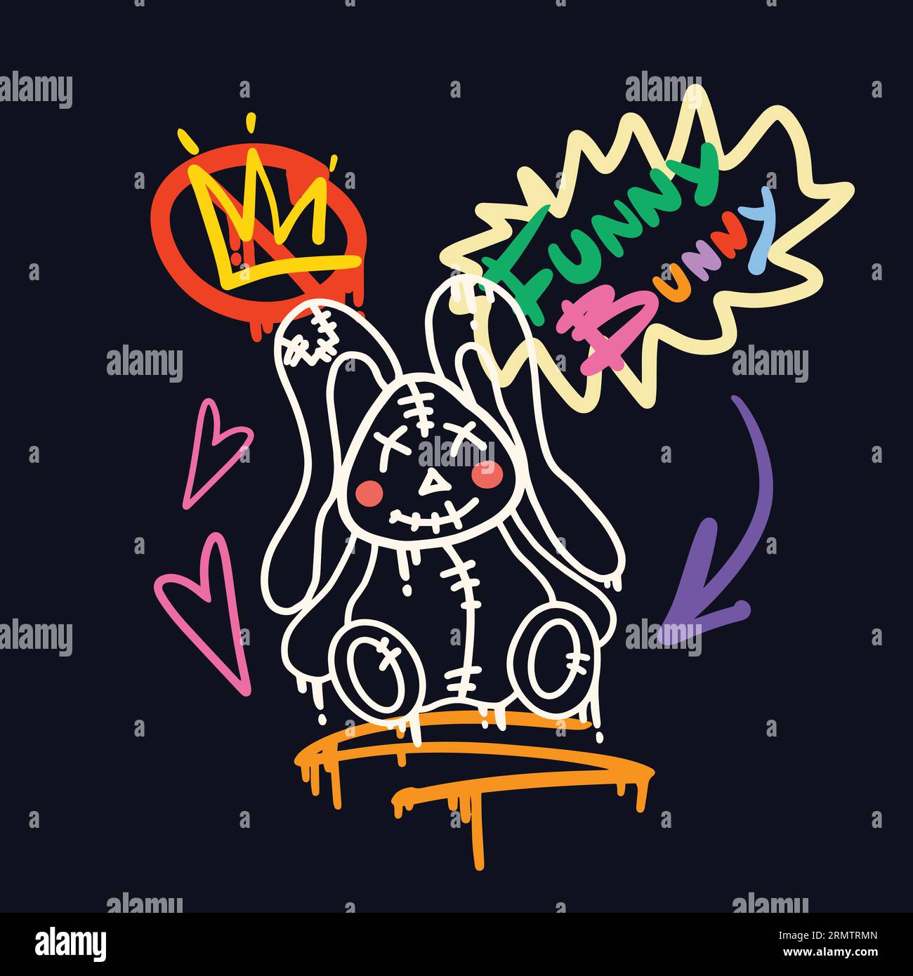 Lustige Hasenpuppe mit weißem Kaninchen im Street-Art-Stil mit Graffiti-Schriftzug. Neon Urban Poster. Vektorillustration. Hippie-Aufkleber für T-Shirts, Wallpaper, Handyhülle. Stock Vektor