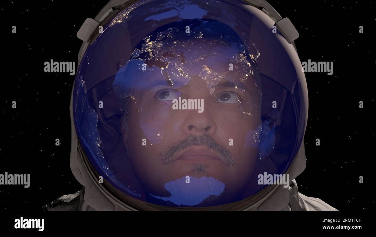 Porträt eines Astronauten im Weltraum mit Helm und Blick auf die Erdkugel. SCI-fi-Expedition, Planet-Entdeckungsmission und Erkundung von Brave Stockfoto