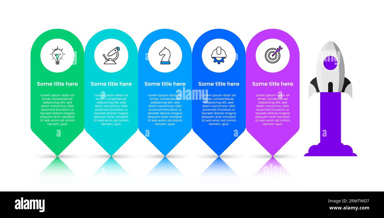 Infografik-Vorlage mit Symbolen und 5 Optionen oder Schritten. Rakete. Kann für Workflow-Layout, Diagramm, Banner, webdesign verwendet werden. Vektorgrafik Stock Vektor