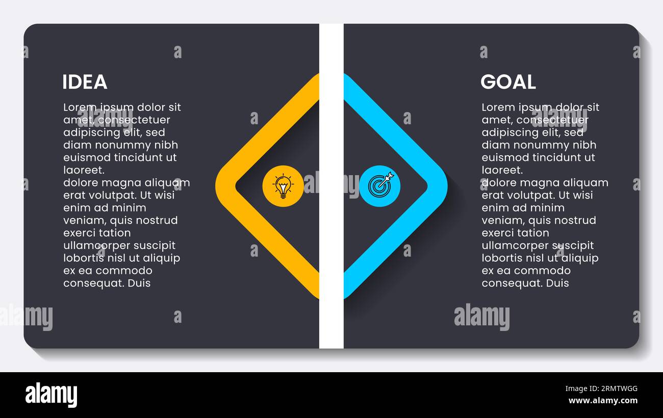 Infografikvorlage mit 2 Optionen oder Schritten. Idee und Zielkonzept. Kann für Workflow-Layout, Diagramm, Banner und Webdesign verwendet werden. Vektorillustration Stock Vektor