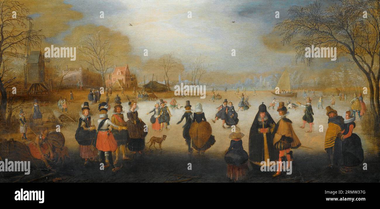 Winterlandschaft mit Eiskunstläufern zwischen 1615 und 1620 von Adam van Breen Stockfoto