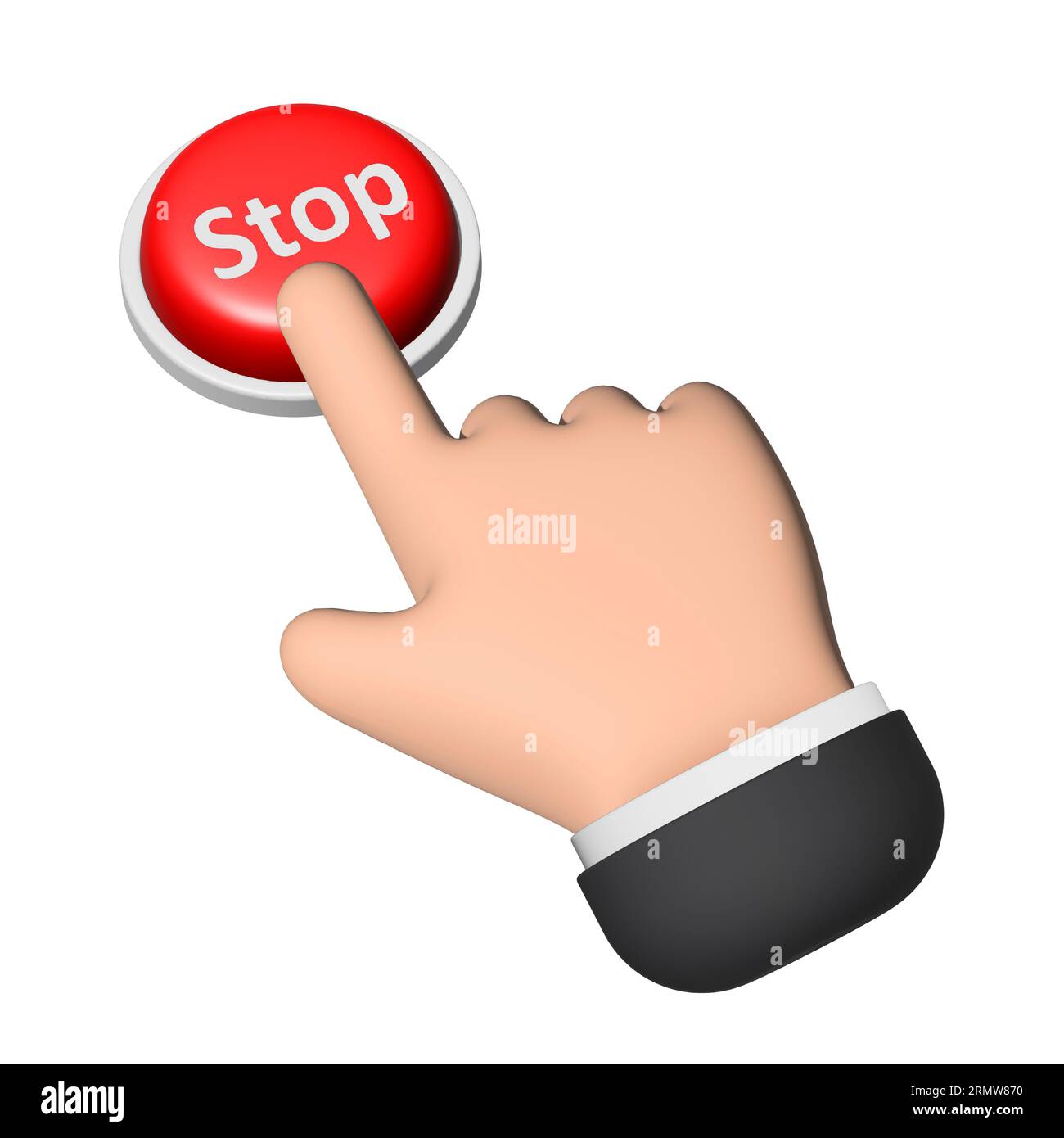 Eine Vektorillustration mit der Hand eines Mannes, der auf die 3D-Stopptaste klickt Stockfoto