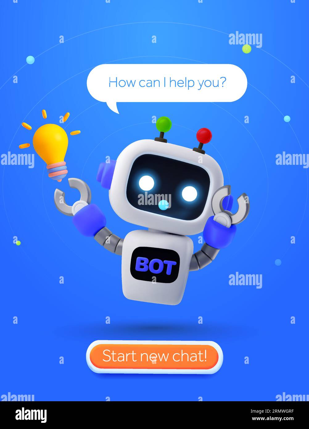 3D Smart and Cute Robot oder KI Help Desk Bannervorlage. Kombination aus Chatbot, Lampe und CTA-Taste isoliert im Hintergrund. 3D-Vektorillustration für Kundensupport, Fragen und Antworten. Vektorillustration Stock Vektor