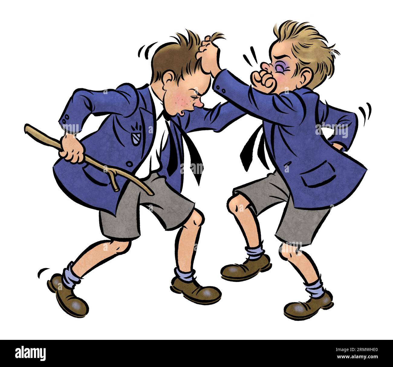 Illustration von zwei kämpfenden Schuljungen Stockfoto