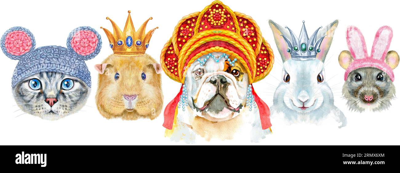 Haustiere an der Grenze. Handbemalte Aquarellzeichnung, isolieren Sie ClipArt auf weißem Hintergrund. Bannerdesign Stockfoto