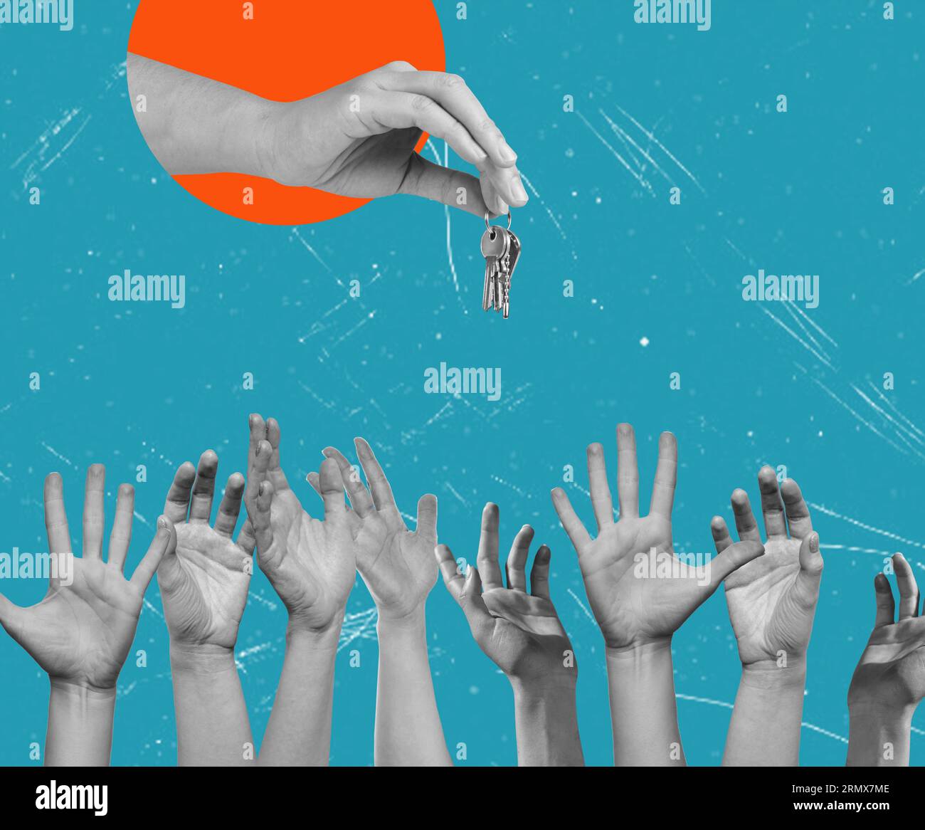 Kunst-Collage: Hände nach Schlüsseln auf blauem Hintergrund greifen. Konzept für den Kauf eines Hauses oder Autos Stockfoto