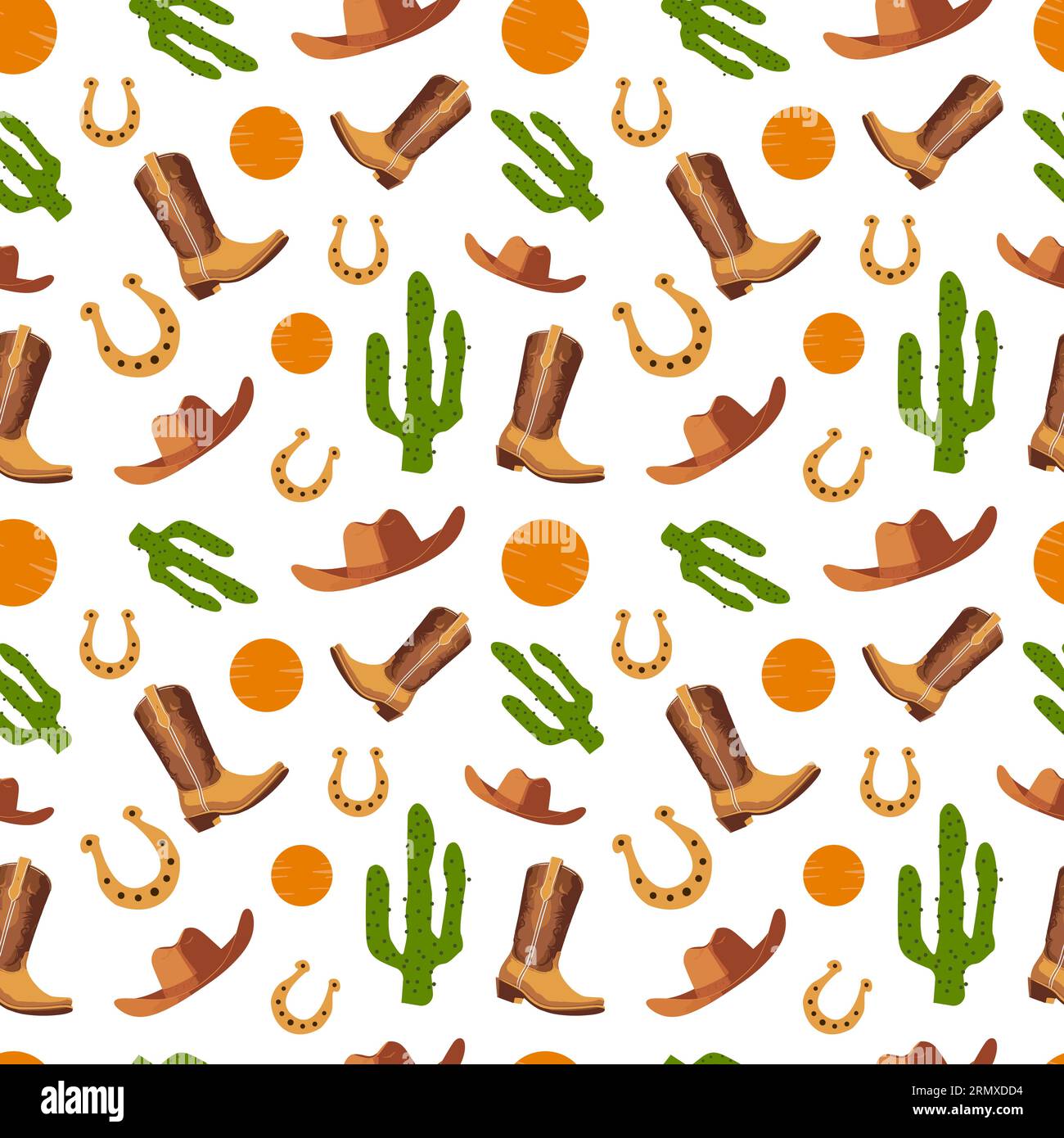 Nahtloses amerikanisches Cowboy-Muster. Cowboystiefel, Hut, Hufeisen, Peyote-Kakteen, Sonne. Rodeo, Wilder Westen, Westen, Boho-Stil. Vektor für Druck Textil Gew Stock Vektor