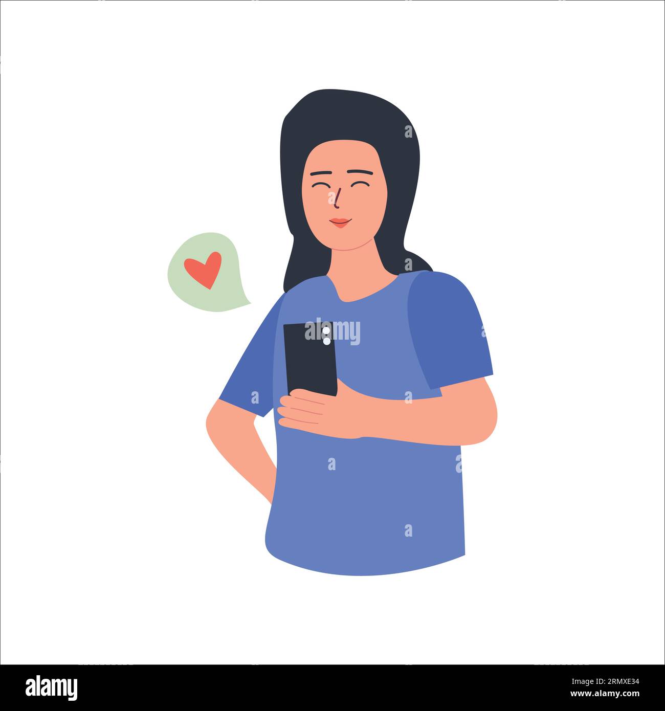 Die süße Frau hält Nachrichten mit einem Lächeln auf dem Handy Stock Vektor