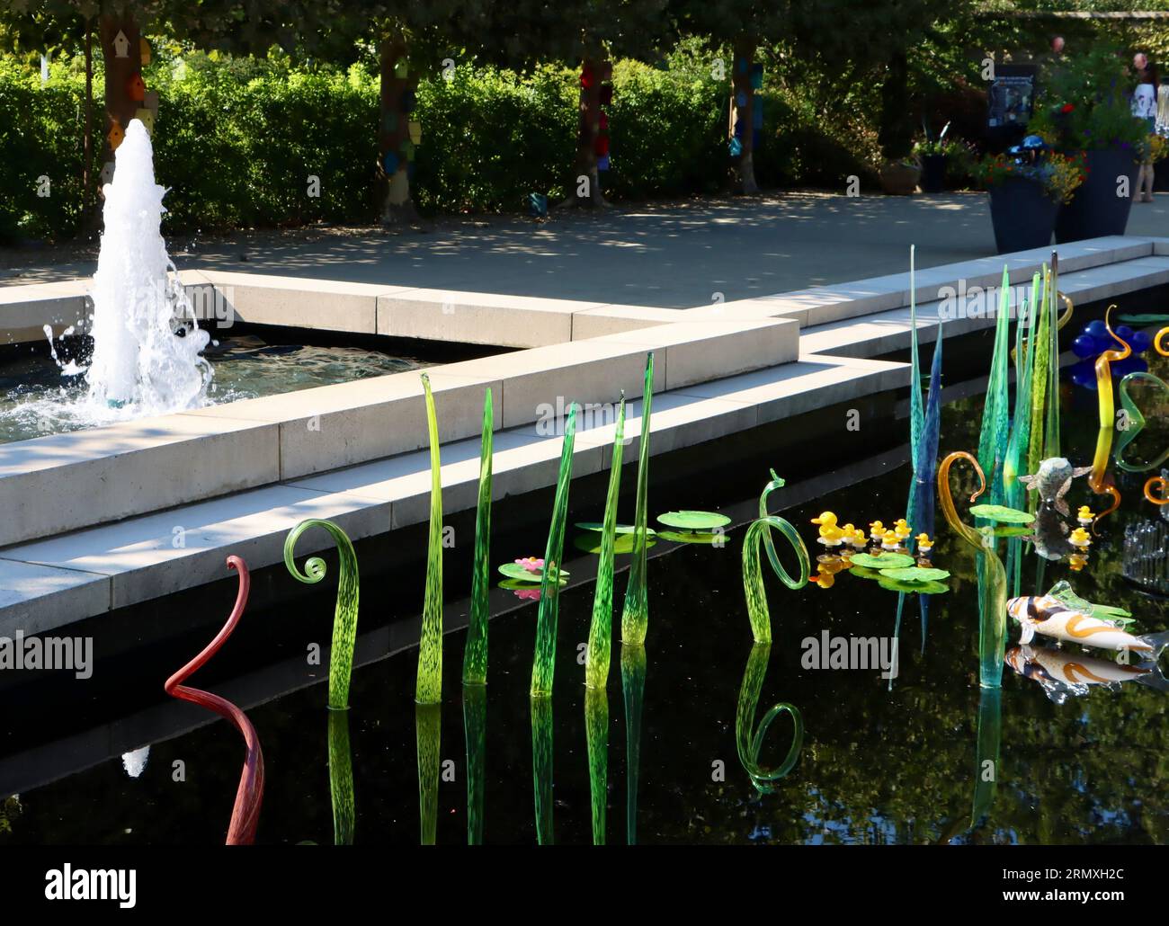 Große Glasmassen vom Glass Asylum im reflektierenden Pool auf Geis Terrace, Cleveland Botanical Garden, Cleveland, Ohio. Stockfoto