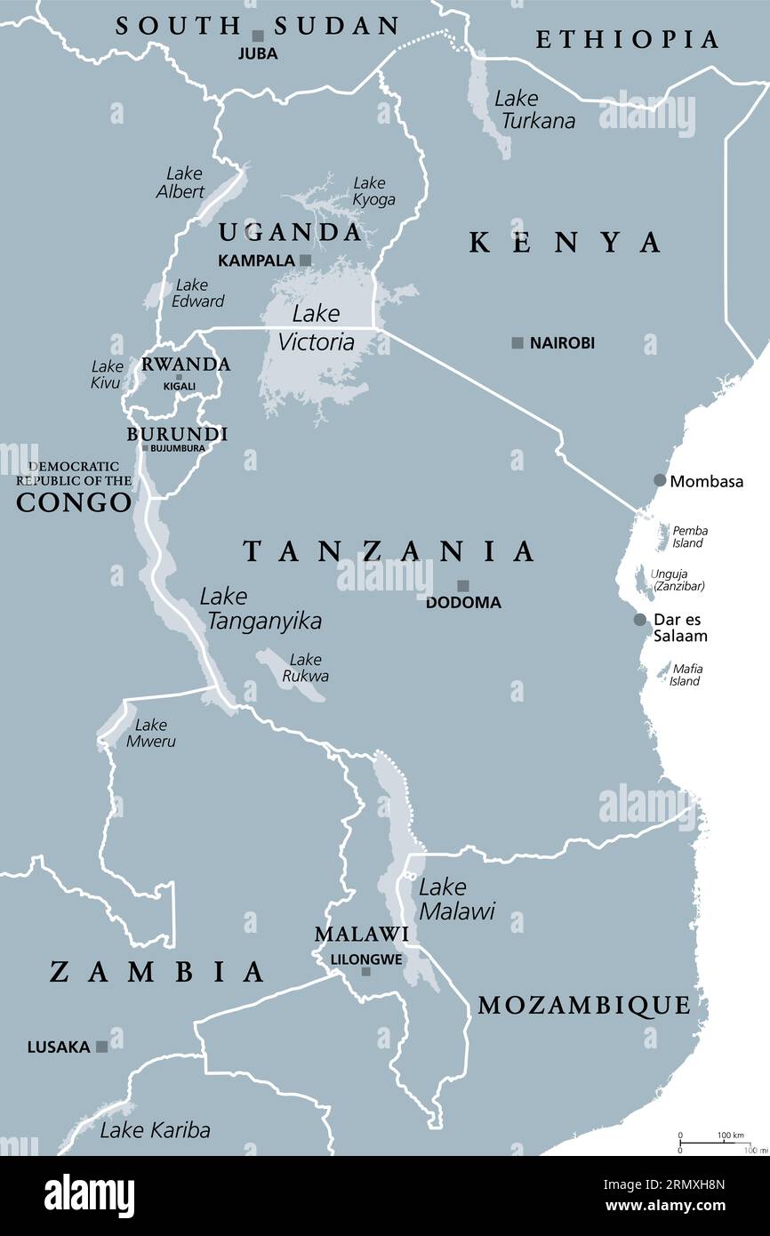 Afrikanische Region der Großen Seen, graue politische Karte. Große Riftseen Afrikas und ihre Anrainerstaaten mit Hauptstädten und Grenzen. Lake Victoria usw. Stockfoto