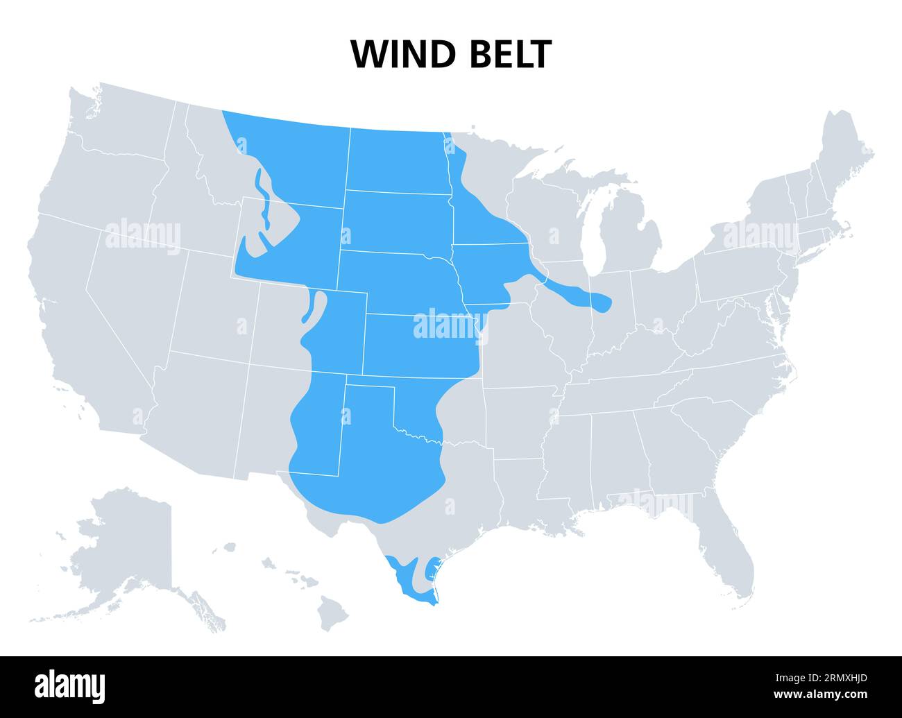 Windgürtel der Vereinigten Staaten, politische Landkarte. Central U.S. Wind Belt, Gebiete mit hohen Windgeschwindigkeiten in 80 Metern (260 Fuß) Höhe. Stockfoto