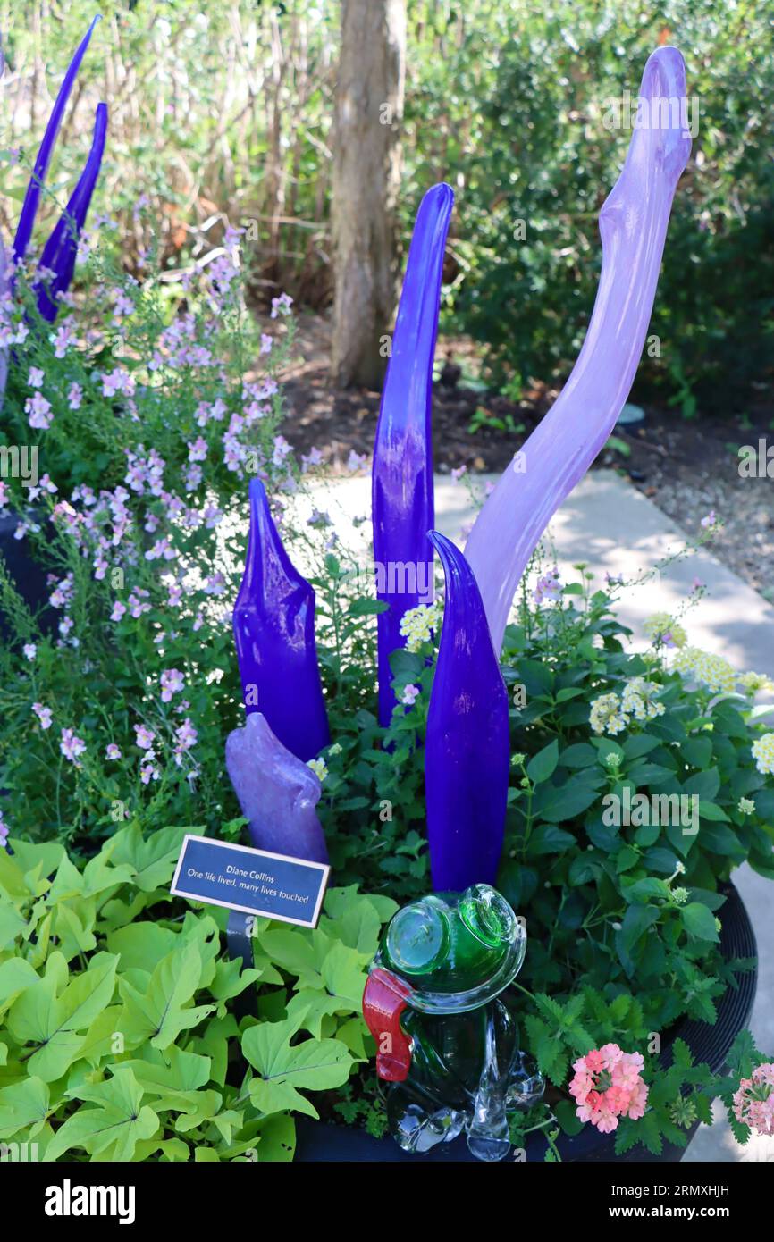 Glasskulpturen mit botanischen Szenen auf der Geis Terrace im Cleveland Botanical Garden, Cleveland, Ohio Stockfoto