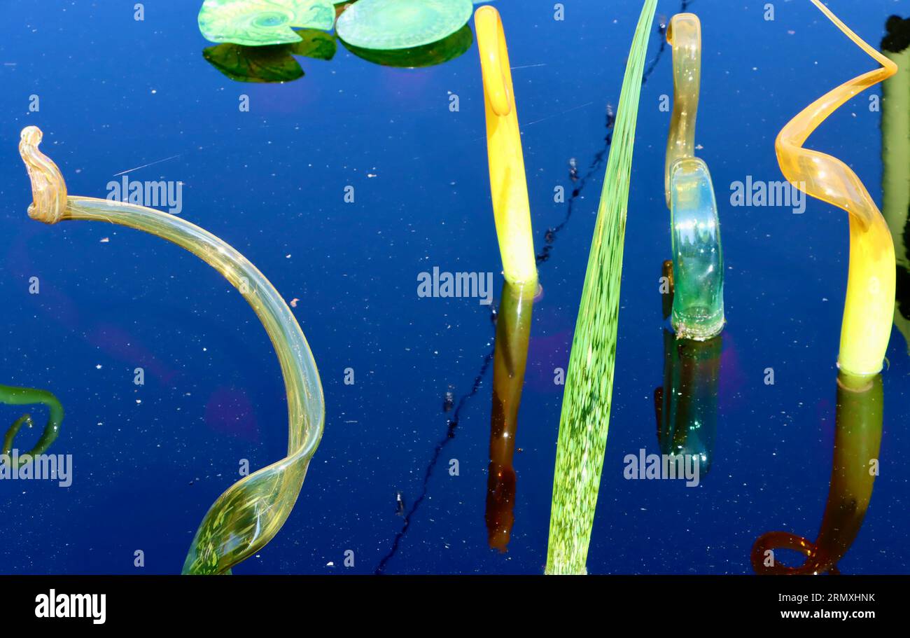 Große Glasmassen vom Glass Asylum im reflektierenden Pool auf Geis Terrace, Cleveland Botanical Garden, Cleveland, Ohio. Stockfoto