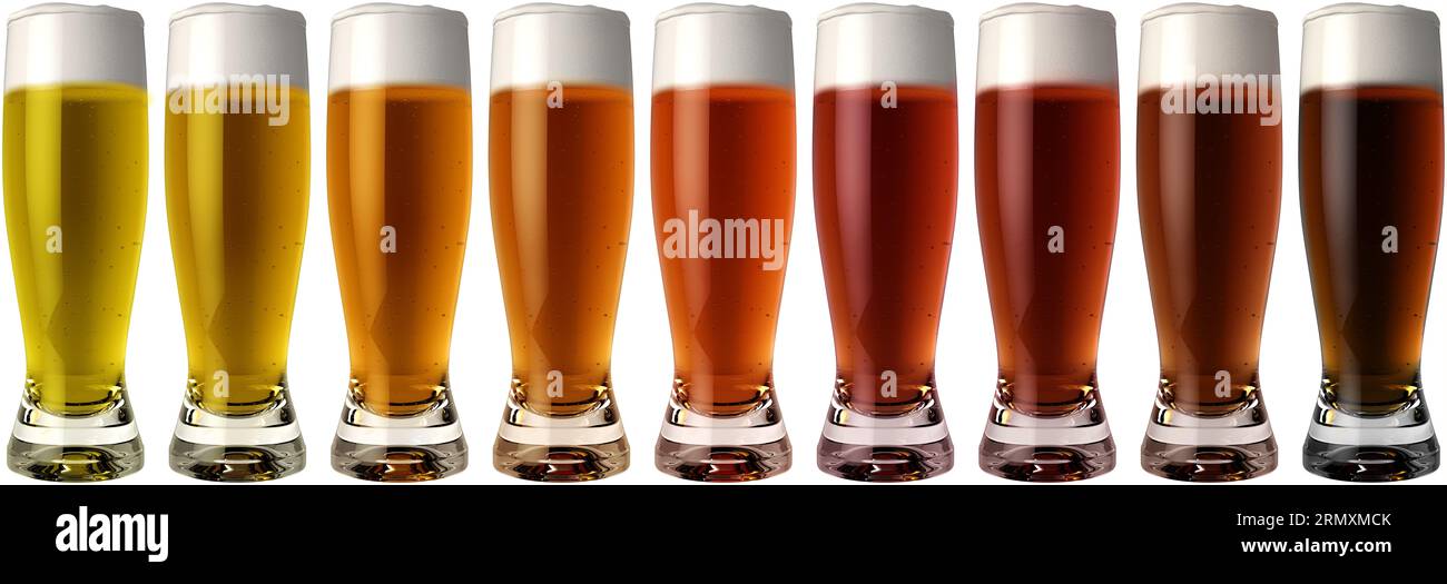 Bierfarbkarte: Eine hochwertige CGI 3D-Renderillustration isolierter Hintergrund: Pale Ale, Larger, Pilsner, Weizenbier, Golden Ale, Dark Ale, Porter, Stockfoto