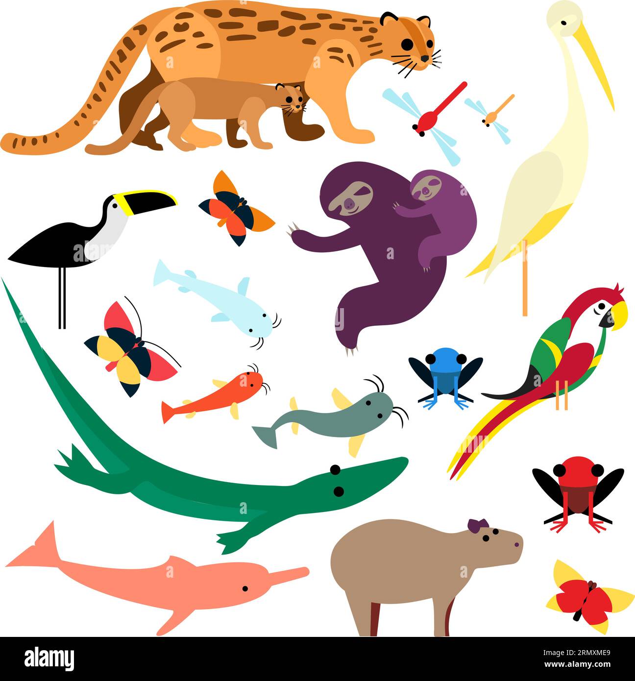 Eine Sammlung von niedlichen und bunten tropischen Tieren für Kinder von Tropic Transparent png Tigrillo, Libellen, Reiher, Tukan, Schmetterlinge, Faultiere Stock Vektor