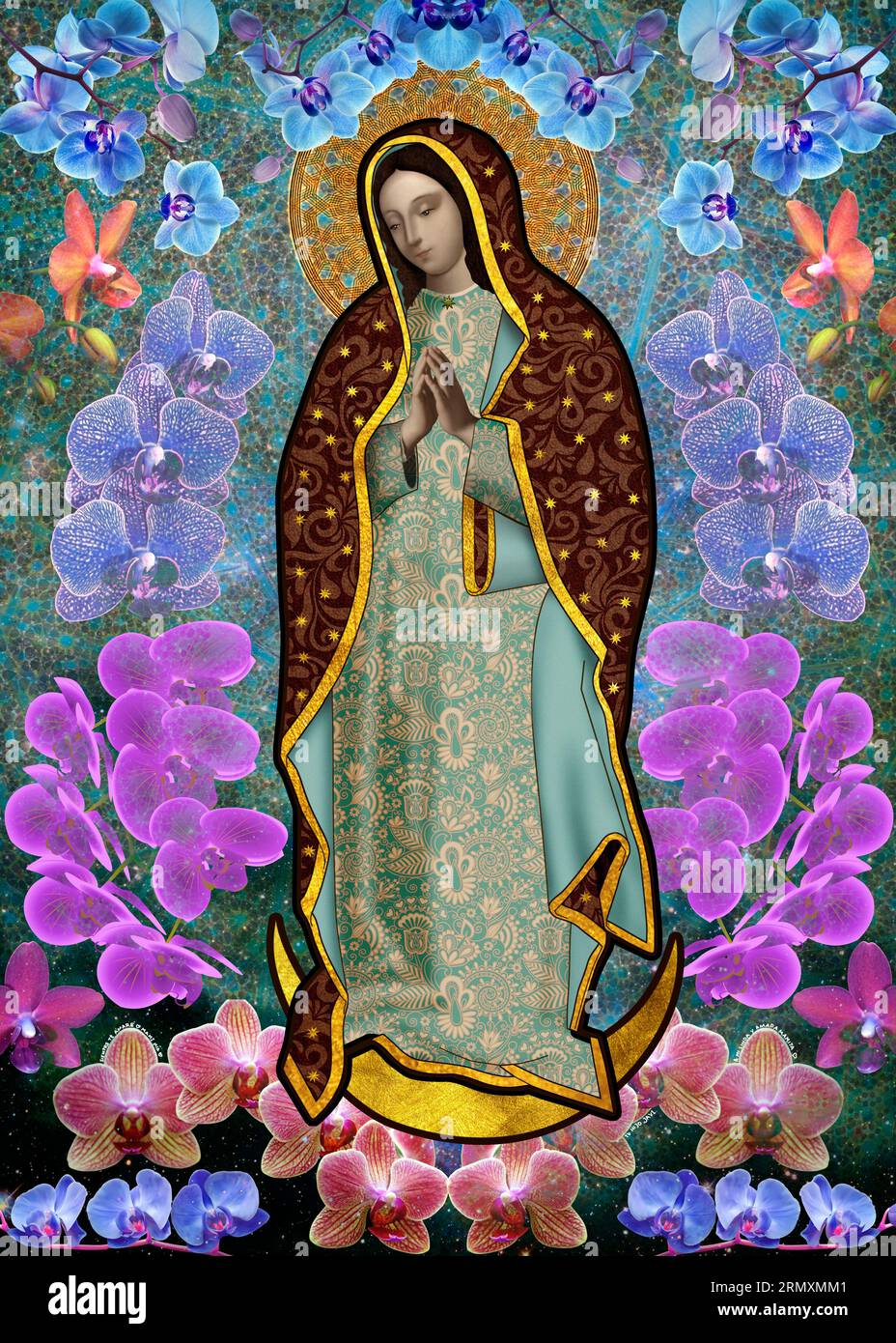 Bunte Illustration der Jungfrau von guadalupe, umgeben von Orchideenblüten auf kosmischem Hintergrund, mexikanische Virgen de Guadalupe Stockfoto