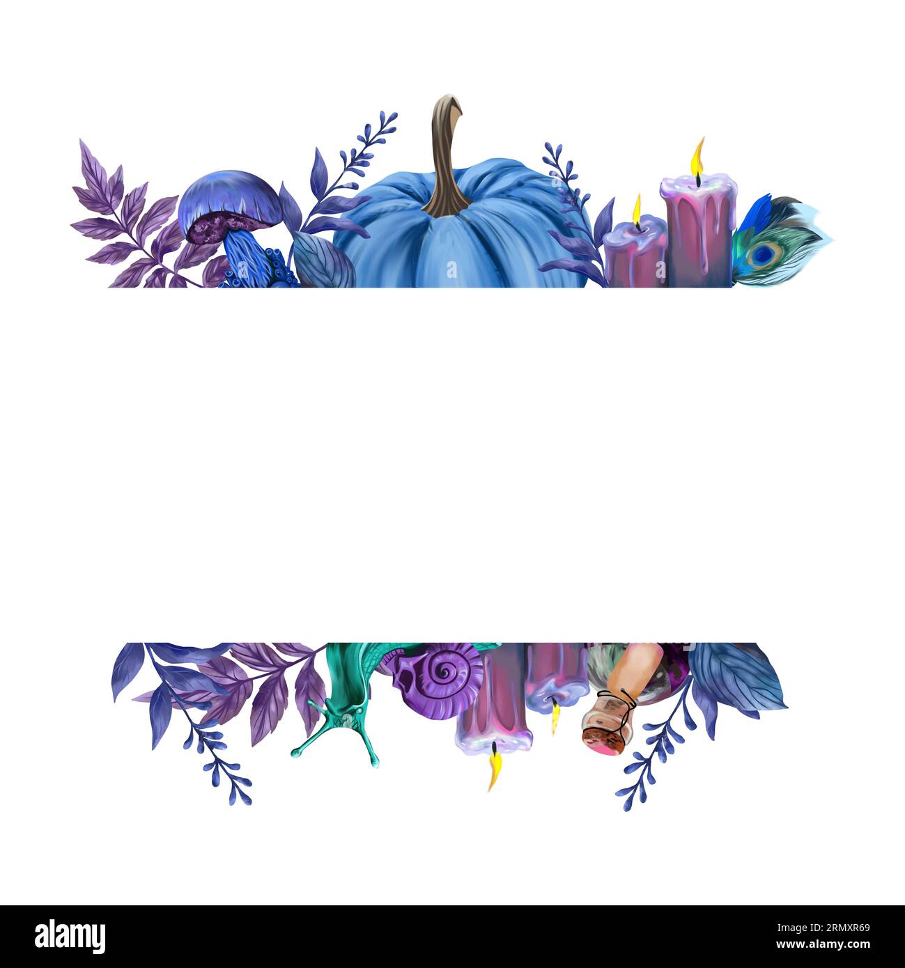 Vorlage zum Einfügen von Text mit Kürbis, Kerzen, Pilzen. Halloween-Illustration isoliert auf weißem Hintergrund. Grußkarten, Einladungen, Cover Stockfoto