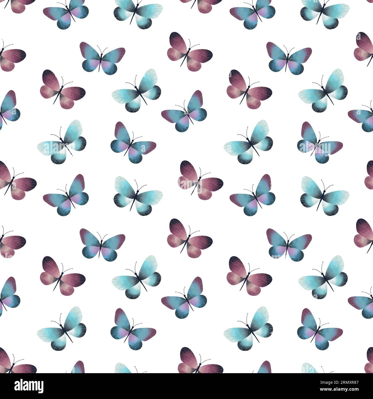 Blaue und violette Aquarellfalter. Nahtloses Muster isoliert auf weißem Hintergrund. Designelement für Geschenkpapier, Textilien, Kleidung, Abdeckungen Stockfoto
