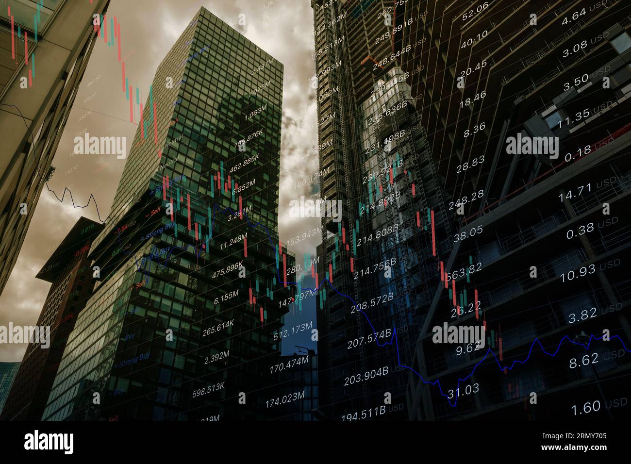 Investitionskonzept mit digitalem AktienCandlestick, Grafik und Preisindikator, Immobilien- und Wirtschaftsindikator und Hintergrund von Wolkenkratzern. Stockfoto