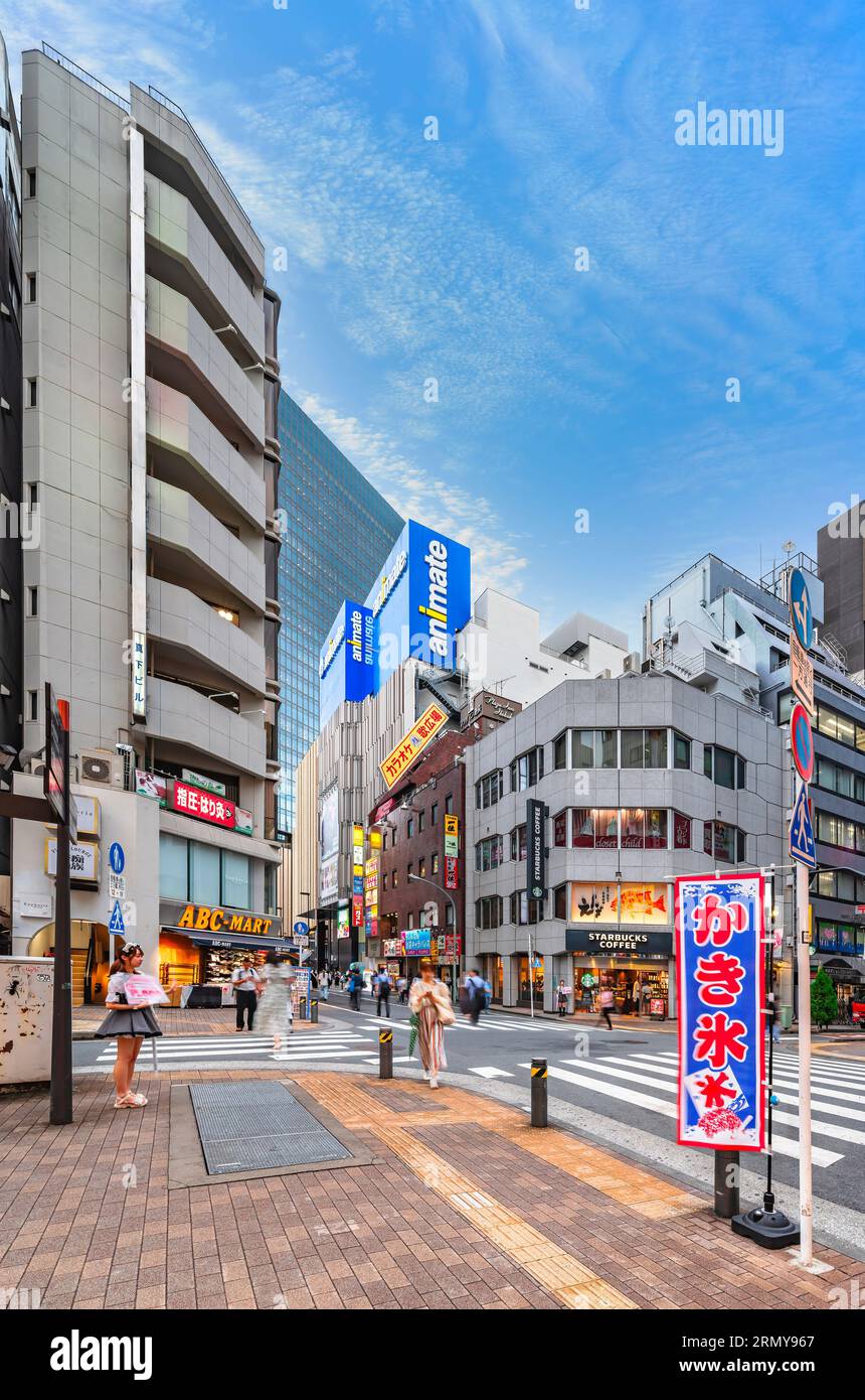 tokio, ikebukuro - 11. August 2023: Kreuzung der Sunshine-dori-Straße im berühmten Otaku-Kulturgebiet, das sich an japanische Frauen richtete, die Otome Road mit dem Stockfoto