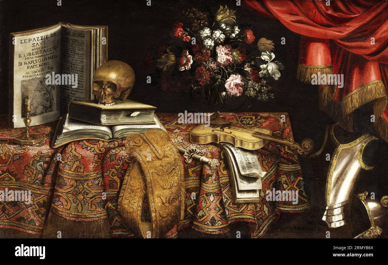 Vanitas-Stillleben mit Violine, Partitur, Blumenvase und ein Schädel von 1681 von Pierfrancesco Cittadini Stockfoto