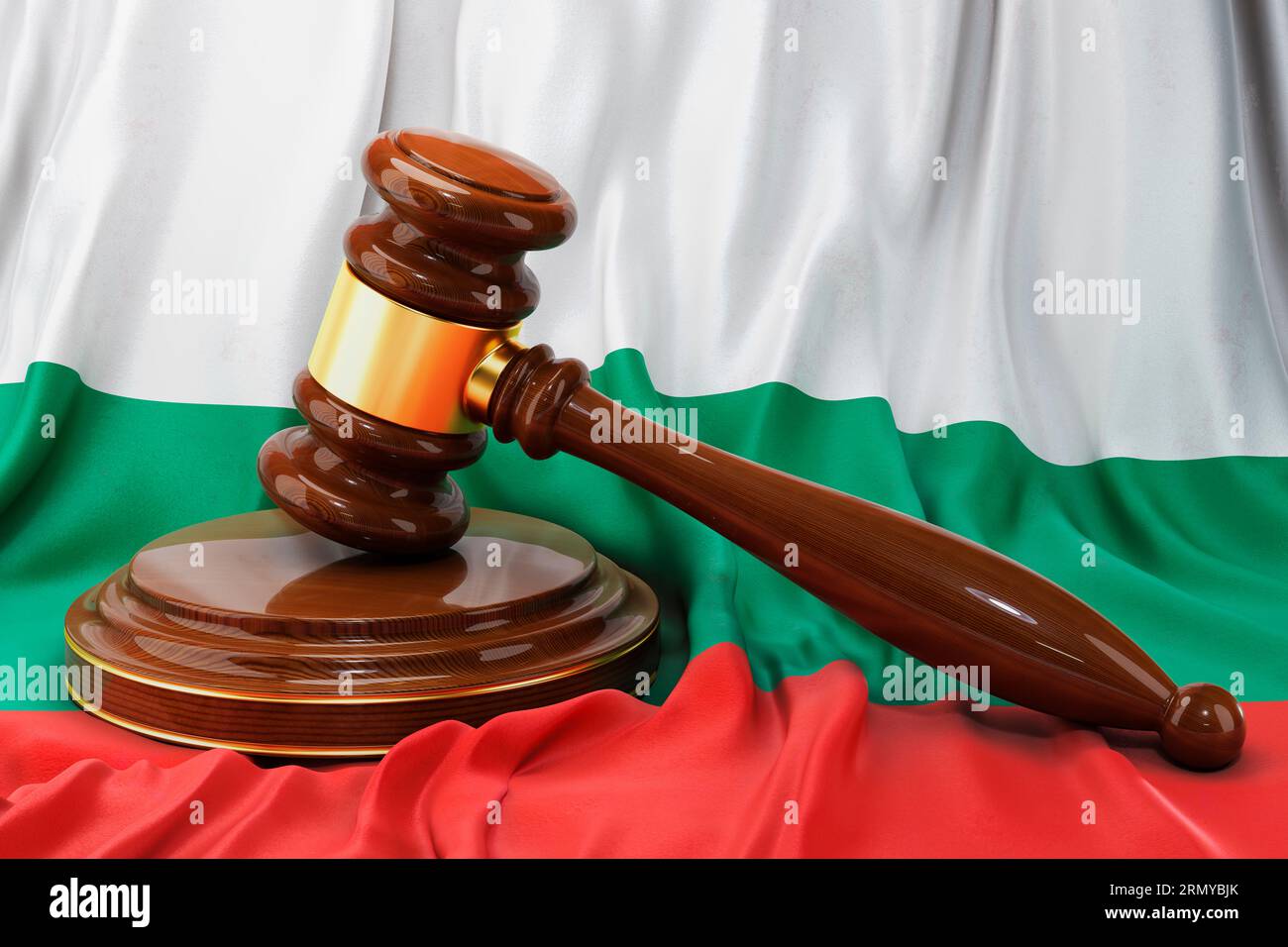 Bulgarisches Recht und Justizkonzept. Holzgabel auf bulgarischer Flagge, 3D-Rendering Stockfoto