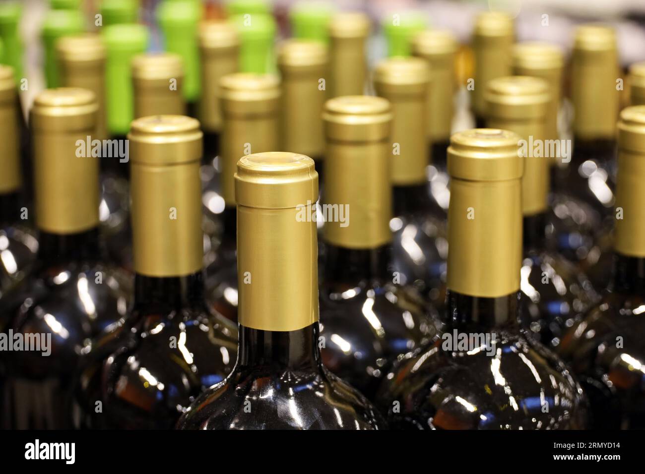 Flaschen Rotwein in einer Reihe, selektiver Fokus. Spirituosengeschäft, Weinherstellung Stockfoto