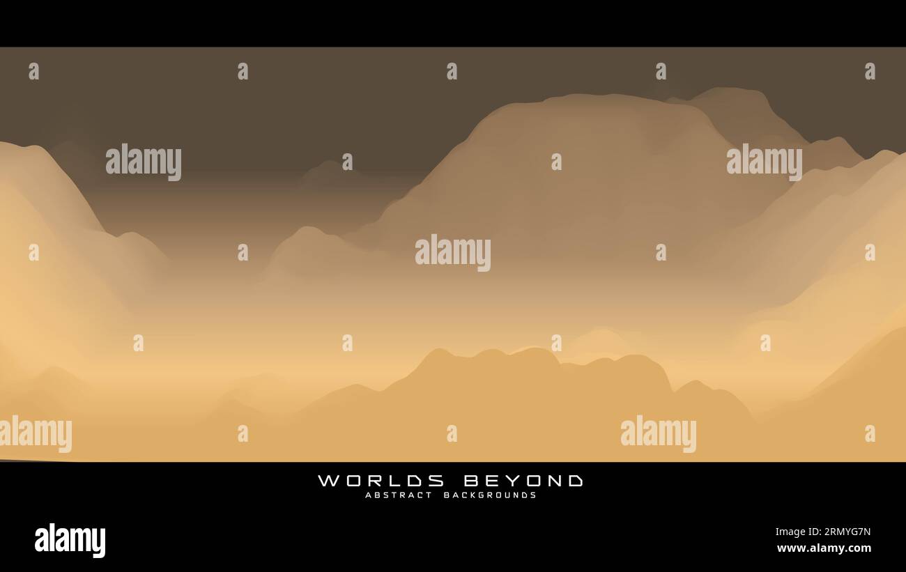 Abstrakte beigefarbene Landschaft mit nebligen Nebel bis zum Horizont über Berghängen. Gefälle erodierte Geländeoberfläche. Worlds Beyond. Stock Vektor