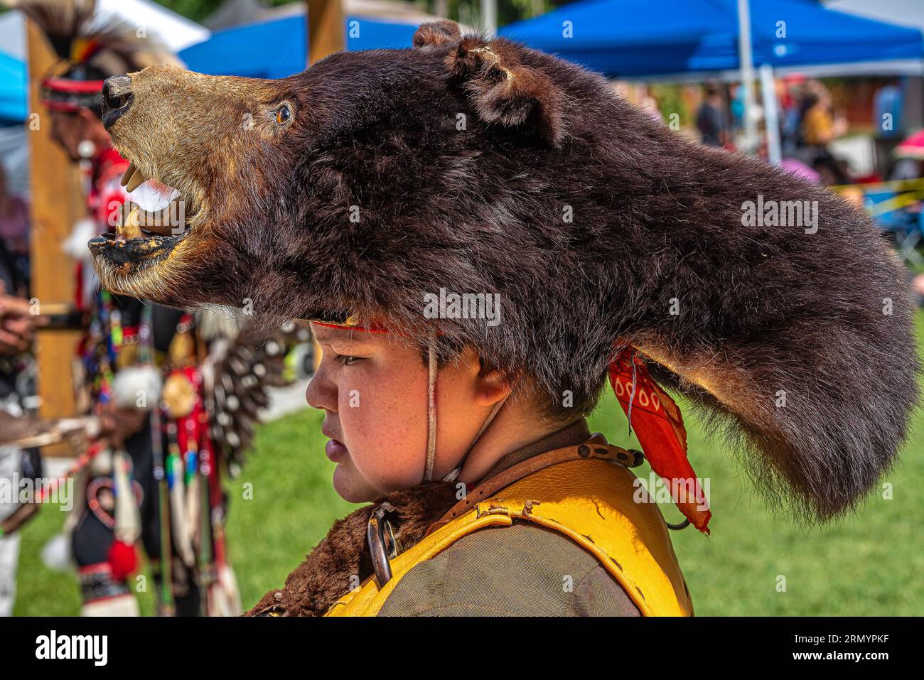 Pow Wow. Es ist eine der größten Zusammenkünfte der Ureinwohner Kanadas. POW Wow ist eine Feier der Musik, des Tanzes und der Tradition. Stockfoto