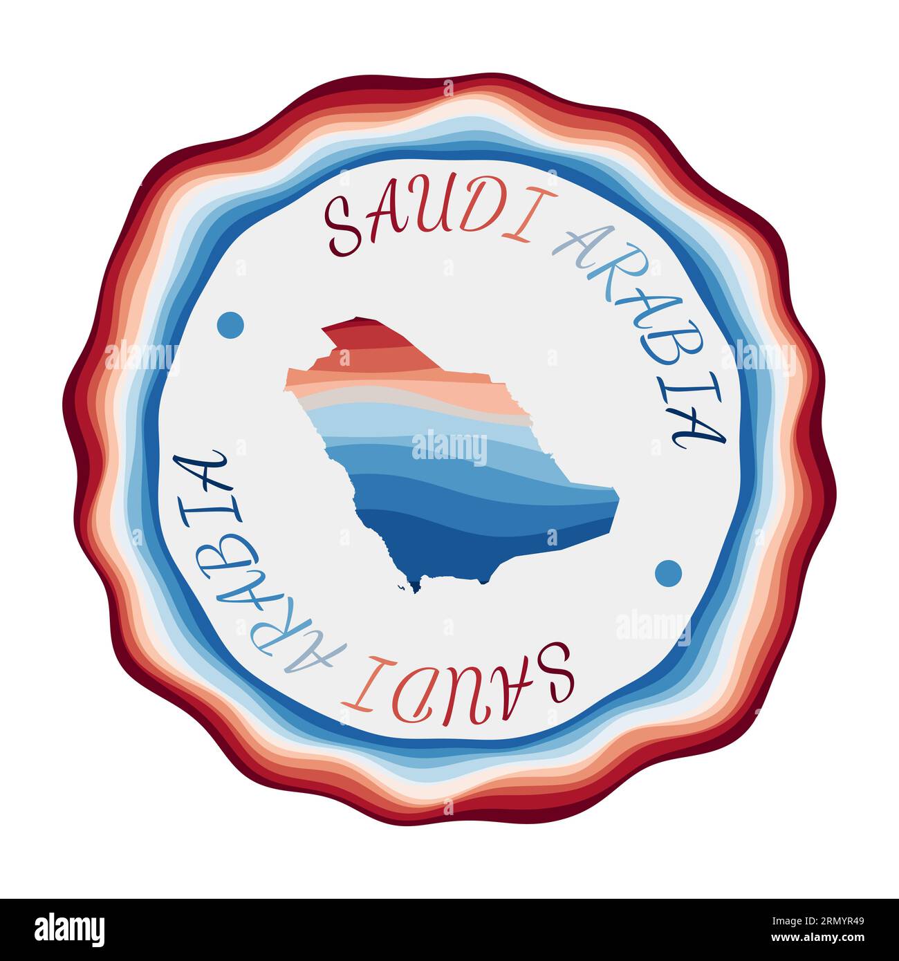 Saudi-Arabien-Emblem. Landkarte mit wunderschönen geometrischen Wellen und leuchtend blauem Rahmen. Lebhaftes rundes Saudi-Arabien-Logo. Vektorillustration. Stock Vektor