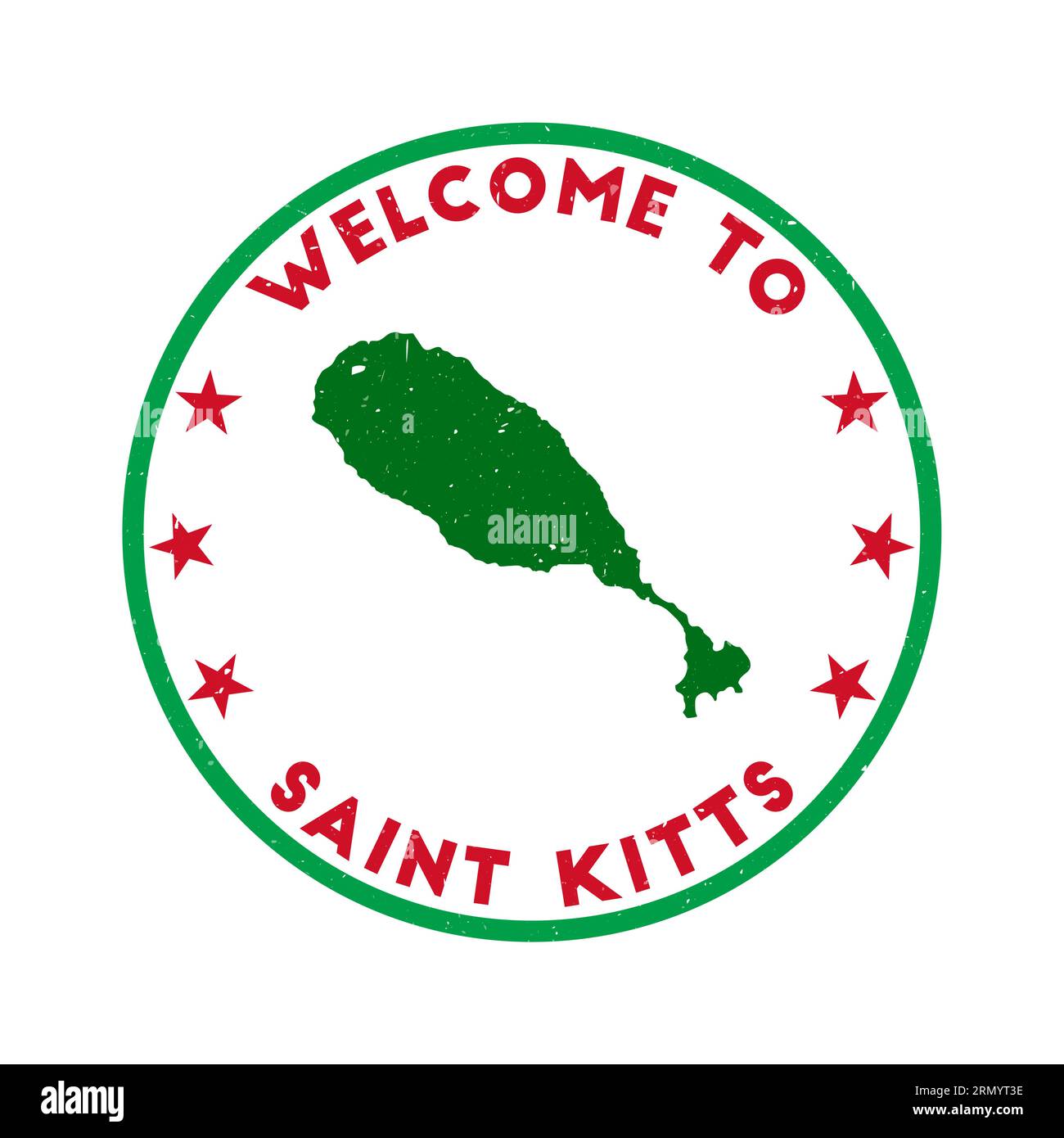 Willkommen bei Saint Kitts Stamp. Rundstempel mit Grunge-Insel und Textur in Super Rose Red. Geometrisches Saint Kitts-Siegel im Vintage-Stil. Erstaunlich Stock Vektor