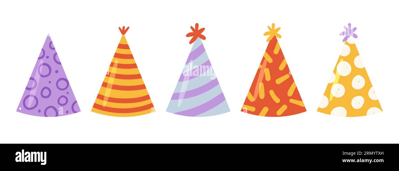 Bunte Geburtstagshüte. Geburtstagskopf Accessoires, alles Gute zum Geburtstag Cap Vektor Cartoon Illustration Stock Vektor