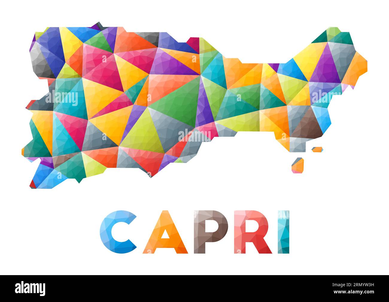 Capri – farbenfrohe, niedrige Poly-Insel. Mehrfarbige geometrische Dreiecke. Modernes, trendiges Design. Vektorillustration. Stock Vektor