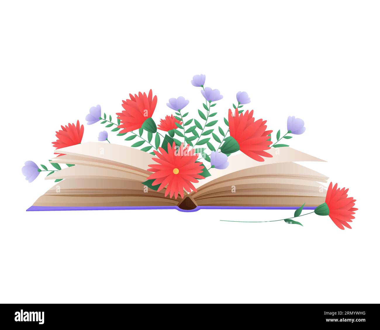 Offenes Buch mit roten und violetten Blumen. Bibliothek und Literatur Cartoon Vektor Illustration Stock Vektor