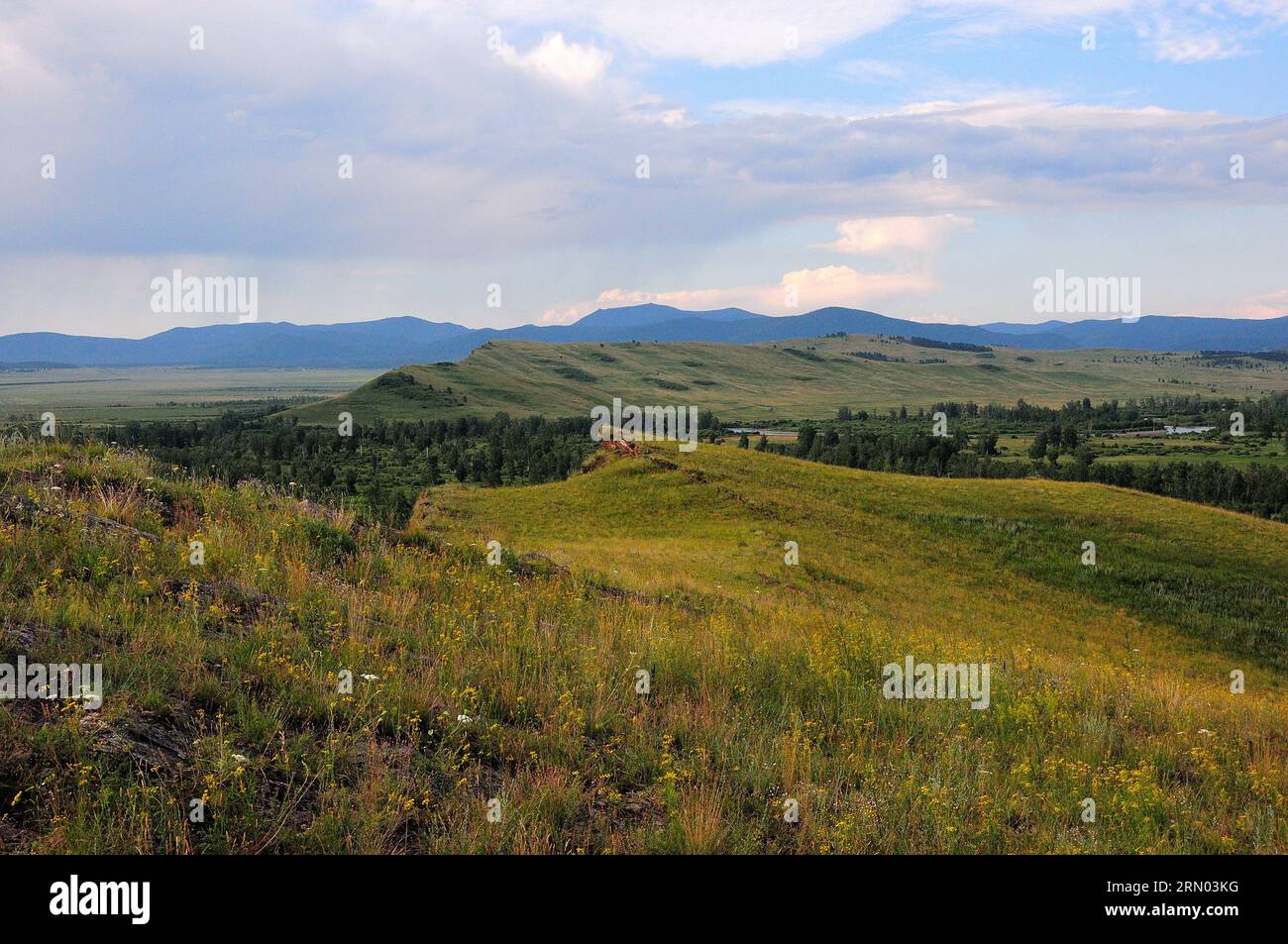 Blick von der Spitze des Hügels auf die Bergkette in der endlosen Steppe und den mäandernden Fluss, der in der Tiefebene unter einem wolkigen Sommerhimmel fließt. M Stockfoto