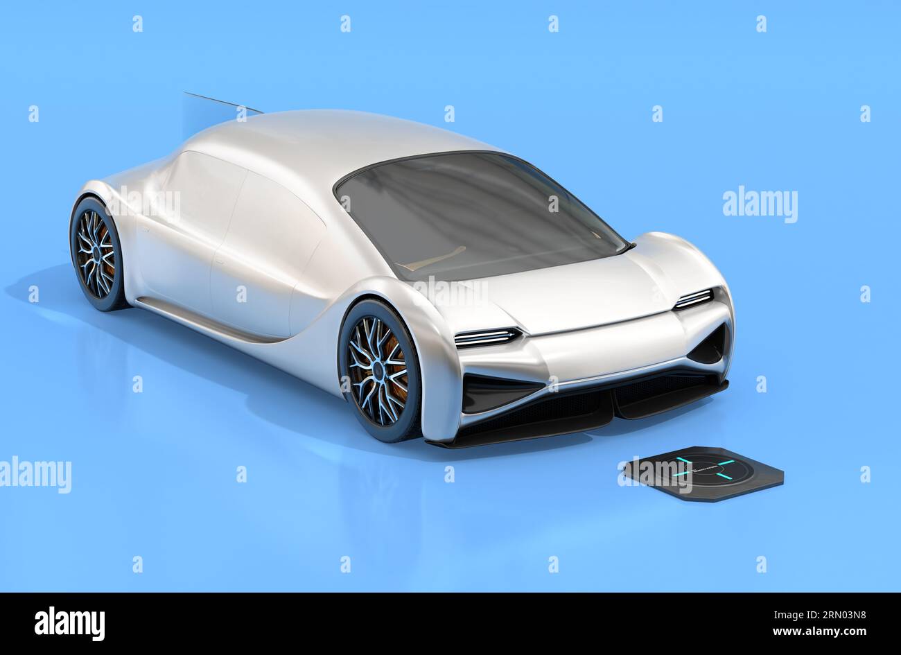 Futuristisches Elektroauto, das auf den Parkplatz mit kabellosem Ladevorgang fährt. Generisches Design, 3D-Rendering-Bild. Stockfoto