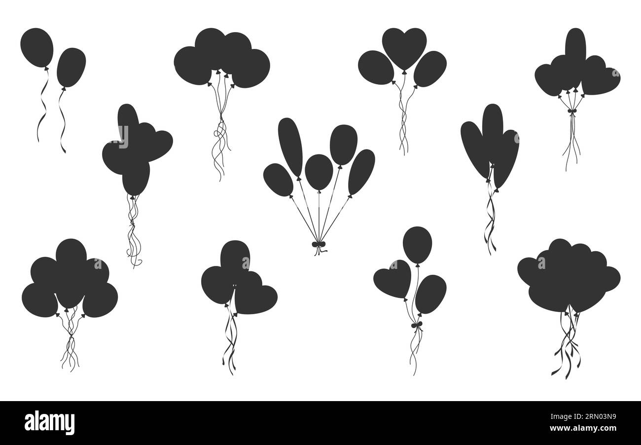 Weihnachtsballon-Set mit schwarzer Silhouette. Symbol Stempel Umrissfigur Luft Feier Dekor Website Aufkleber Etikett valentinstag Geburtstagsfeier Karneval fliegender Heliumballon rund ovale Herz isoliert Stock Vektor