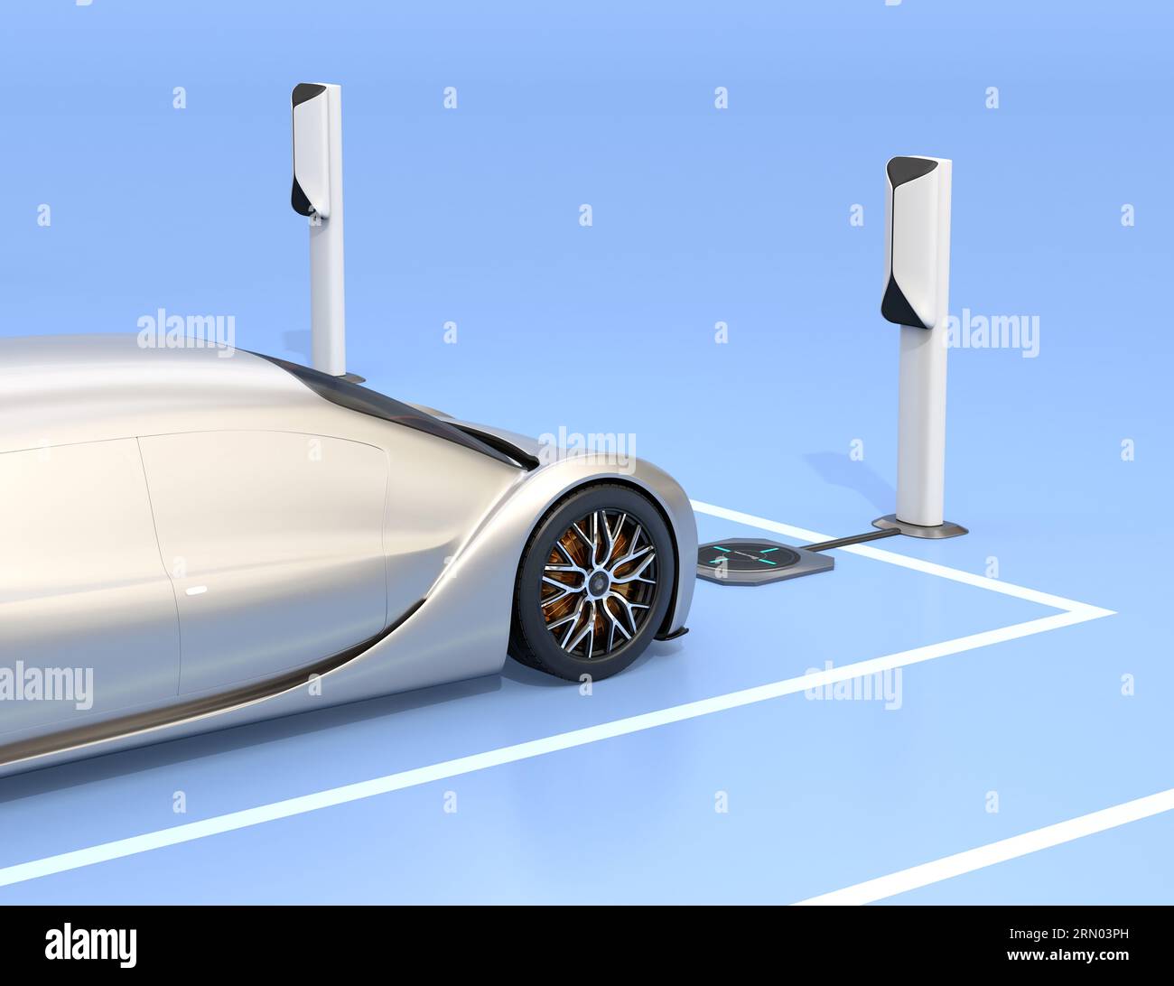 Nahaufnahme des futuristischen Elektroautos, das auf den Parkplatz mit kabellosem Ladevorgang fährt. Generisches Design, 3D-Rendering-Bild. Stockfoto