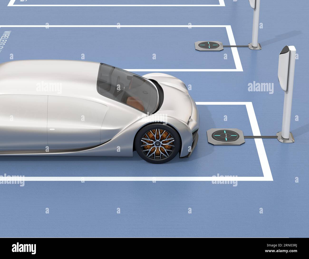 Seitenansicht des futuristischen Elektroautos, das auf den Parkplatz mit kabellosem Ladevorgang fährt. Generisches Design, 3D-Rendering-Bild. Stockfoto
