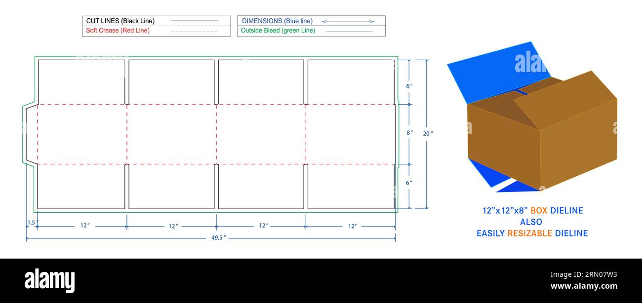 Versandkarton Wellpappe kundenspezifische Schachtel Drucklinienvorlage und 3D-Karton Stock Vektor