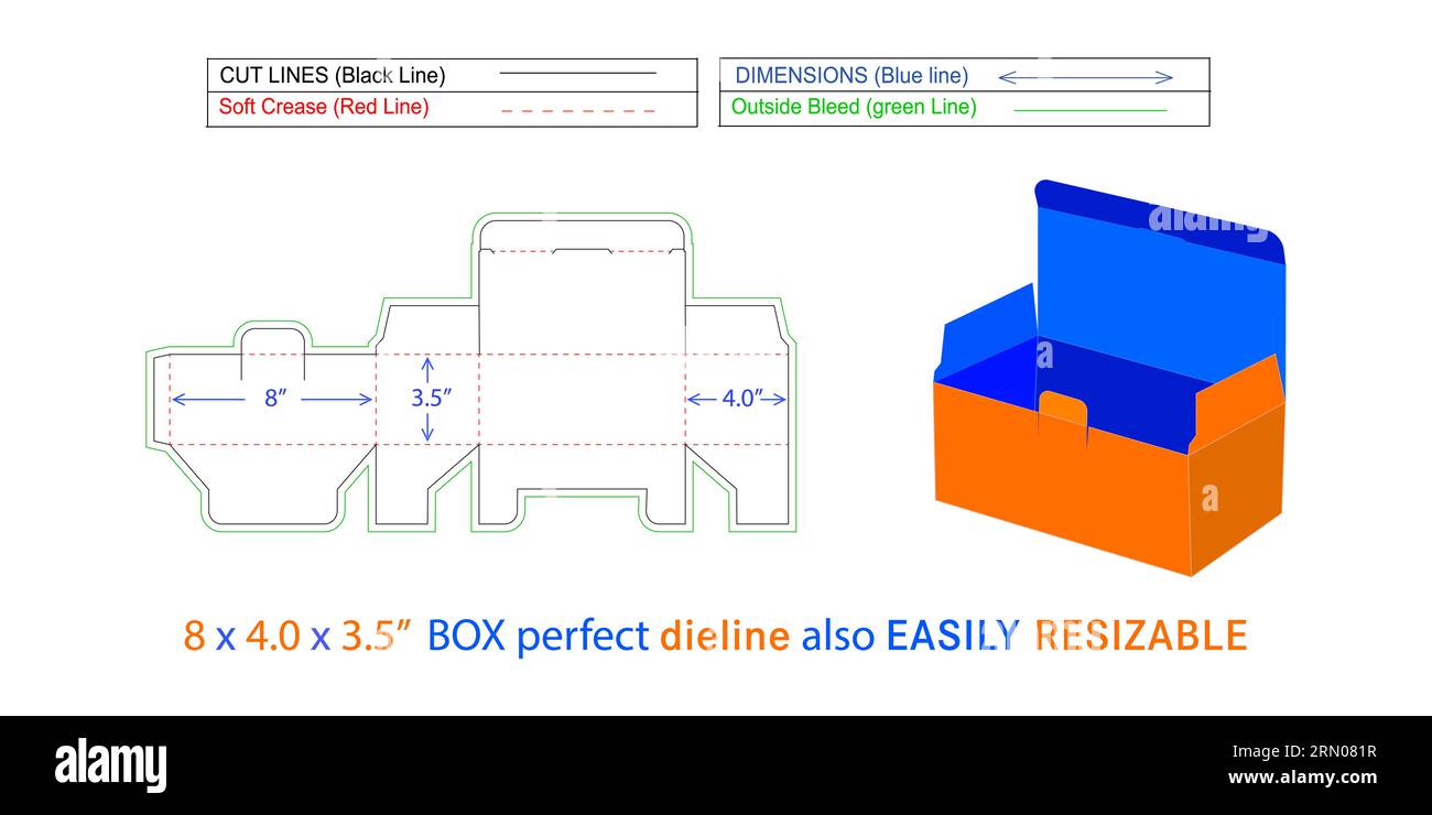 Die Größe der Matrizenlinie und der 3D-Box-Vektordatei 8 x 4,0 x 3,5 Zoll-Matrizenlinie kann ebenfalls geändert und bearbeitet werden Stock Vektor