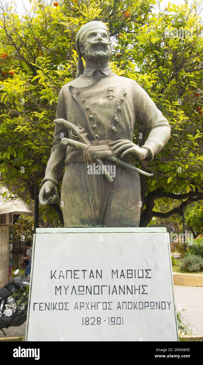 Griechenland: Kapitän Mathios Milonogiannis (1828–1901), Anführer der Großen Kretischen Revolution 1866, Platz 1866, Chania (Hania), Kreta. Die große kretische Revolution (1866–1869), auch als kretischer Aufstand bekannt, war ein Aufstand gegen die Kontrolle des Osmanischen Reiches auf Kreta. Stockfoto